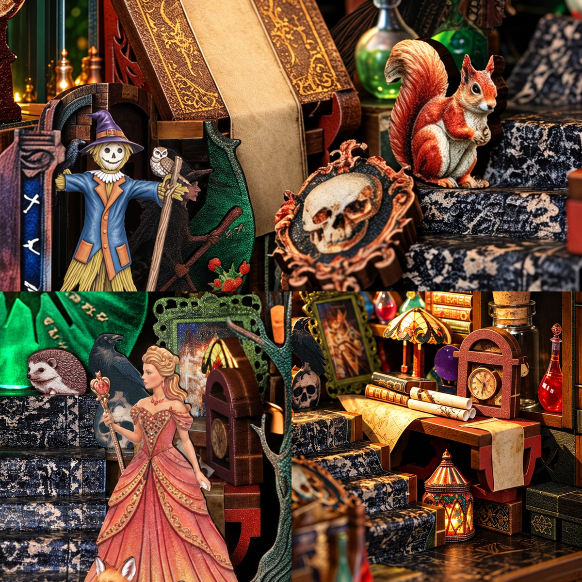 Witch of Darkness – Detailcollage mit Figuren, Treppe und Studierraum
