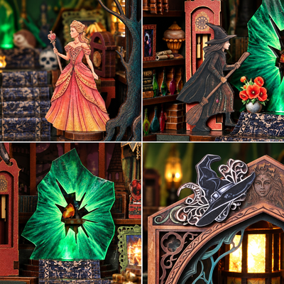 Witch of Darkness – Collage aus Figuren, Blütenmotiv und verziertem Bogen