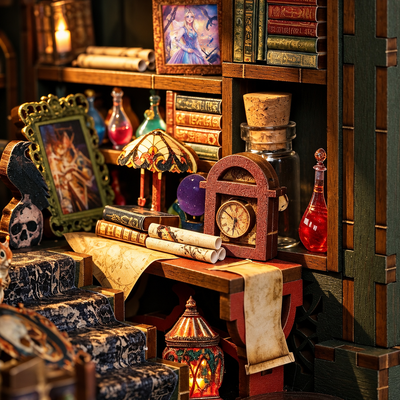 Witch of Darkness – Schreibtisch mit Fläschchen, Büchern und kleiner Lampe
