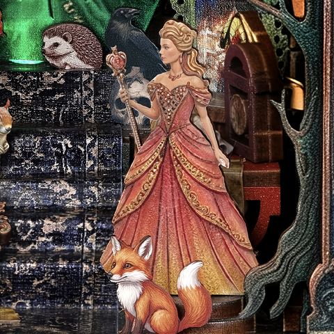 Rosafarbene Märchenfigur und Fuchs an der Treppe