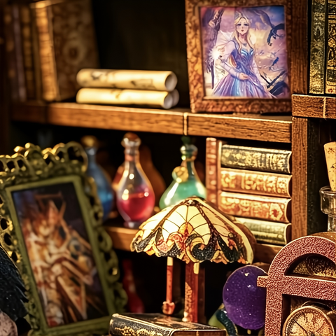 Bücher, Fläschchen und kleine Schirmlampe im Regal