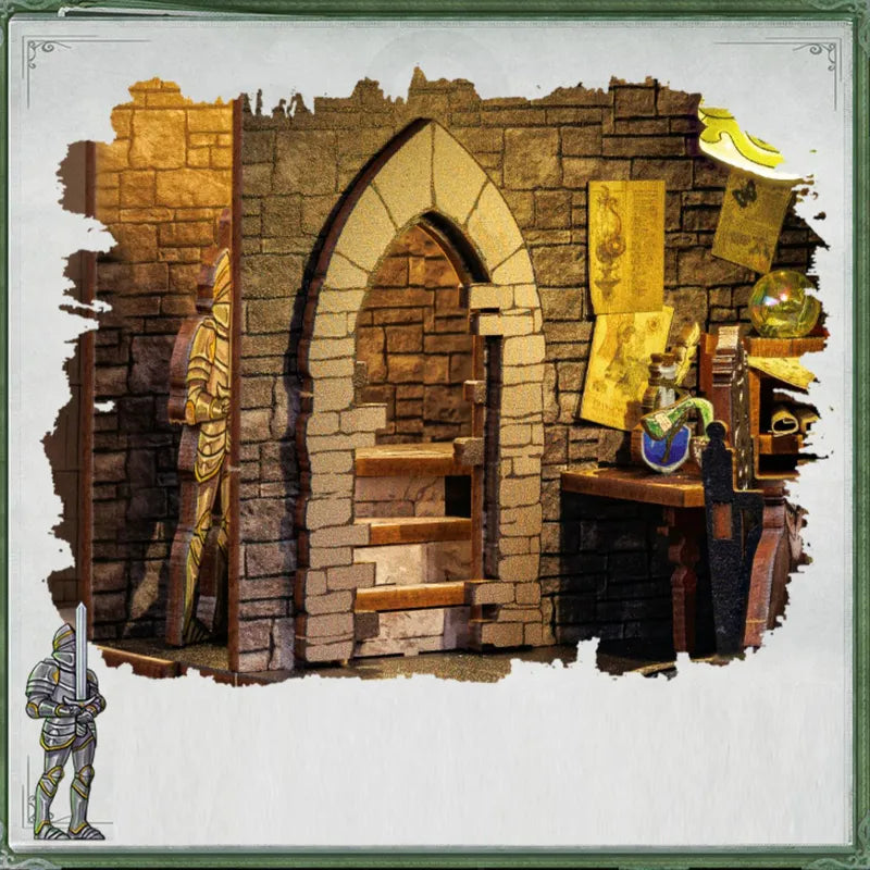 Scala in pietra e scrivania con mappe e strumenti magici