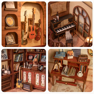 Dettagli dello studio con chitarre, pianoforte, gatto, vinili e scrivania