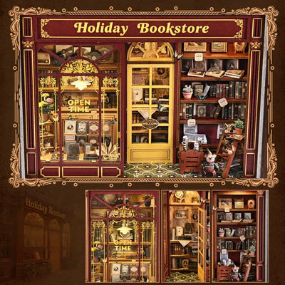 Vista frontale della libreria in miniatura con vetrina, porta e scaffali