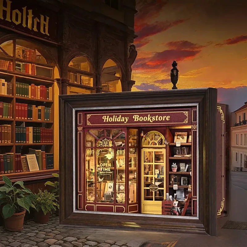 Ambientazione illustrativa di Holiday Bookstore in una strada al tramonto