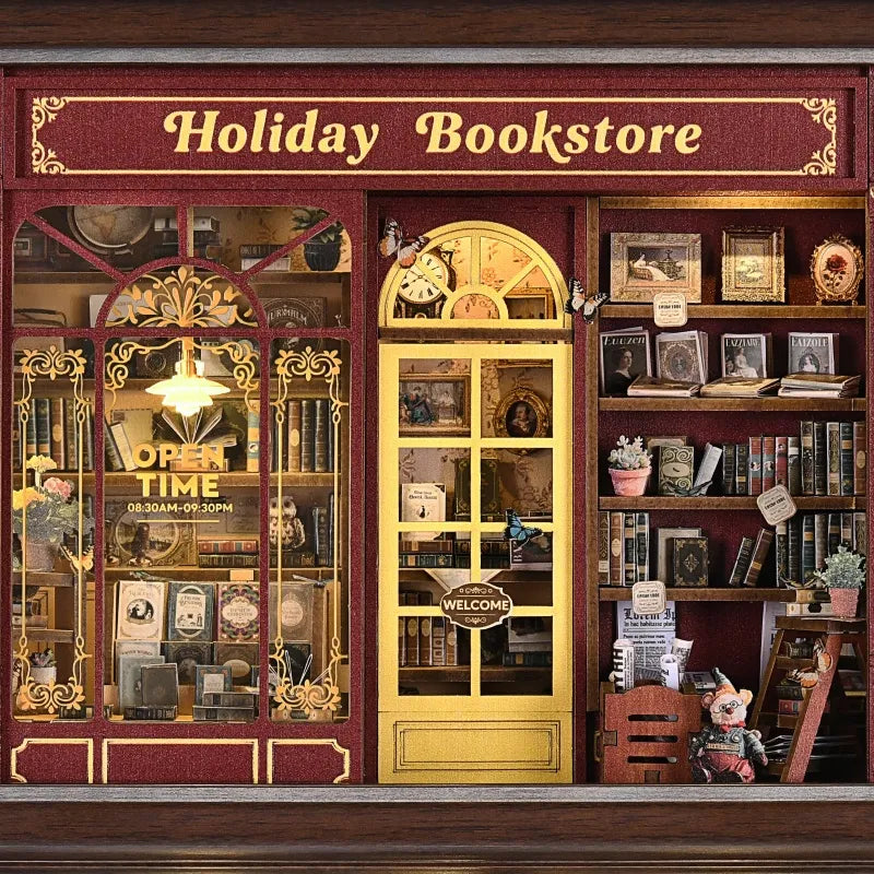 Nahaufnahme des DIY 3D-Bilderrahmen Bausatz - Street CornerHoliday bookstore mit reichhaltigen Details