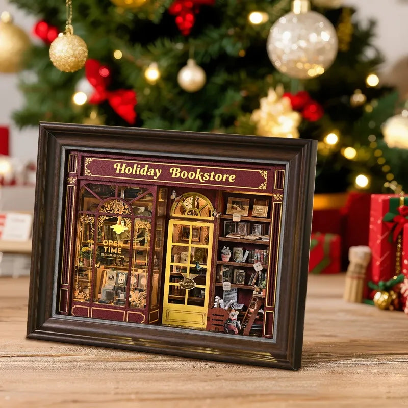 Seitliche Ansicht des DIY 3D-Bilderrahmen Bausatz - Street CornerHoliday bookstore mit gut sichtbaren Elementen