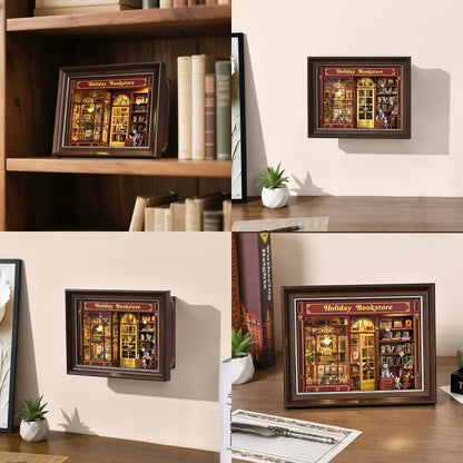 DIY 3D-Bilderrahmen Bausatz - Street CornerHoliday bookstore dekorativ auf einem Schreibtisch platziert