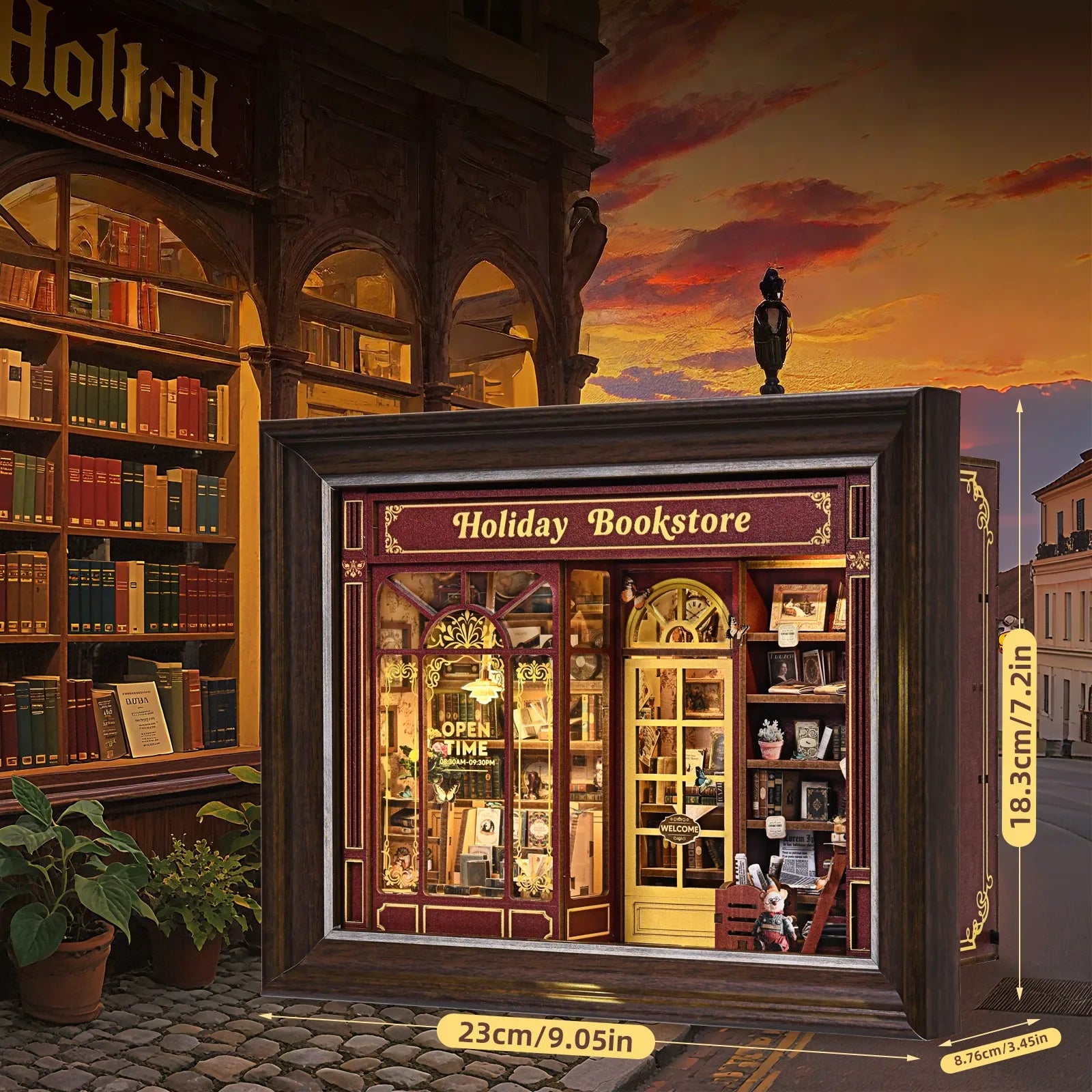DIY 3D-Bilderrahmen Bausatz - Street CornerHoliday bookstore mit detaillierten Abmessungen