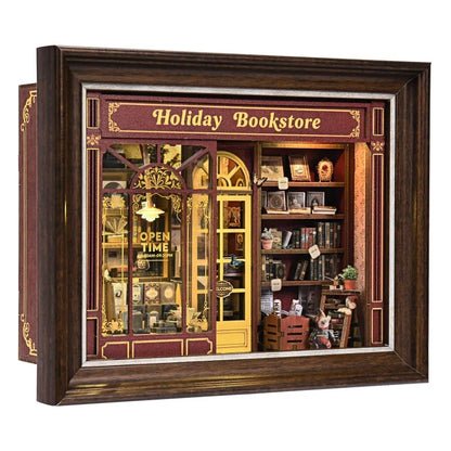 DIY 3D-Bilderrahmen Bausatz - Street CornerHoliday bookstore Gesamtansicht mit präzise geschnittenen Holzteilen und hochwertiger Verarbeitung