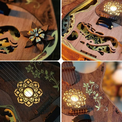 Detailansicht eines dekorativen Elements im DIY Holz-Gitarrenbausatz mit feinen Details