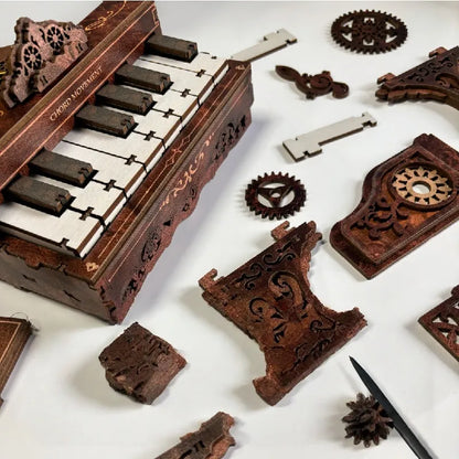 Detailansicht des DIY Holz-Klavierbausatz mit präzise geschnittenen Holzteilen aus hochwertigem Material