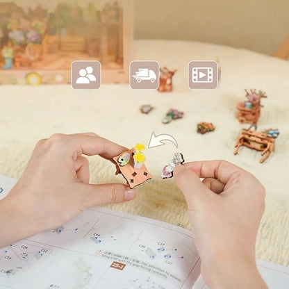 Detailansicht des DIY Story Frame Kit - Blossom time Bookstore mit präzise geschnittenen Holzteilen aus hochwertigem Material