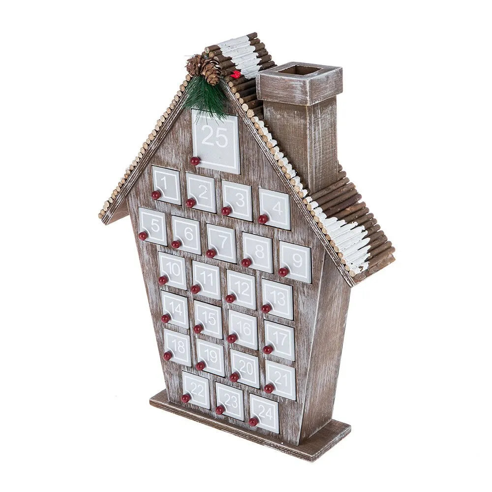 Seitliche Ansicht des Graues Holzhaus Adventskalender mit gut sichtbaren Elementen