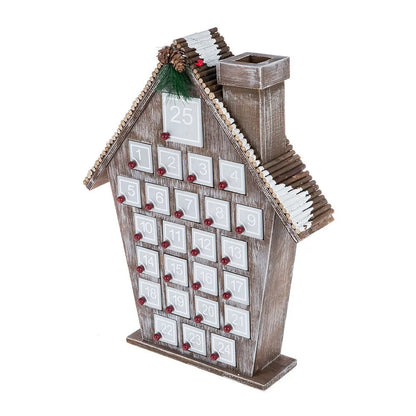 Seitliche Ansicht des Graues Holzhaus Adventskalender mit gut sichtbaren Elementen