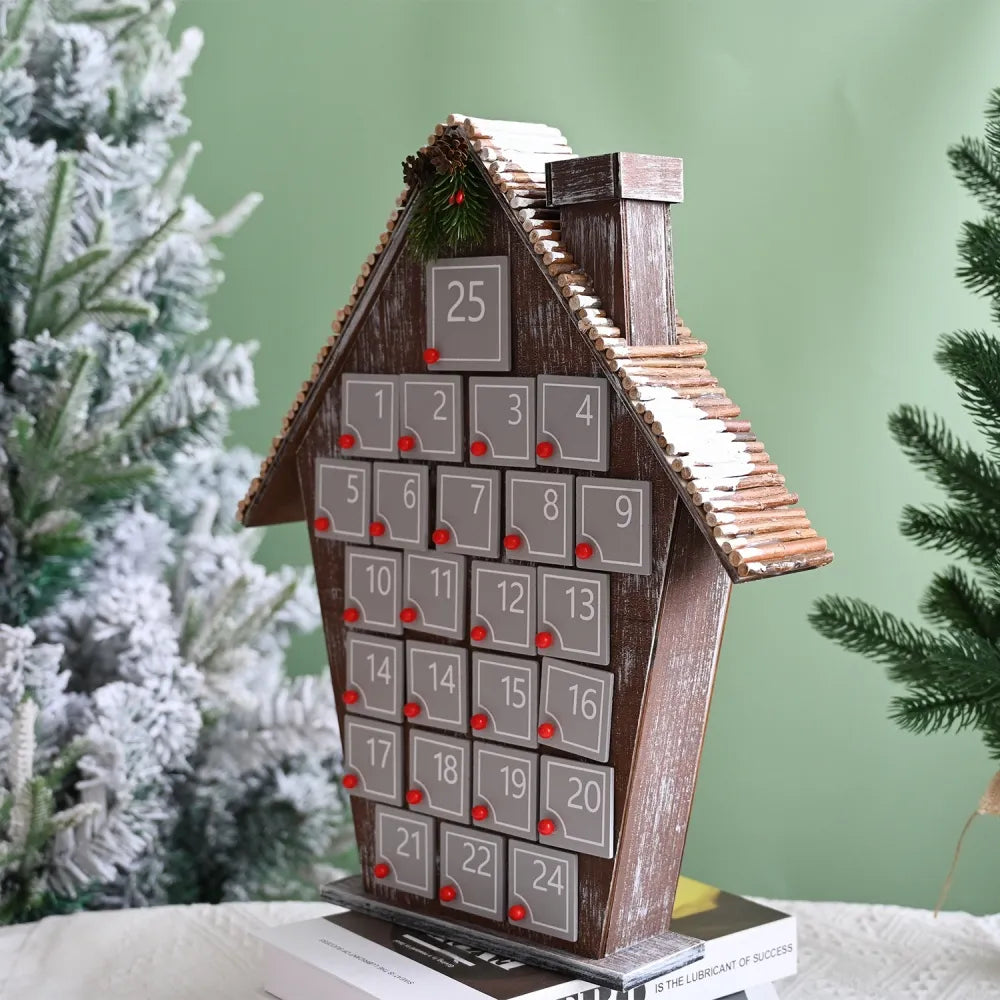 Seitliche Ansicht des Graues Holzhaus Adventskalender mit gut sichtbaren Elementen