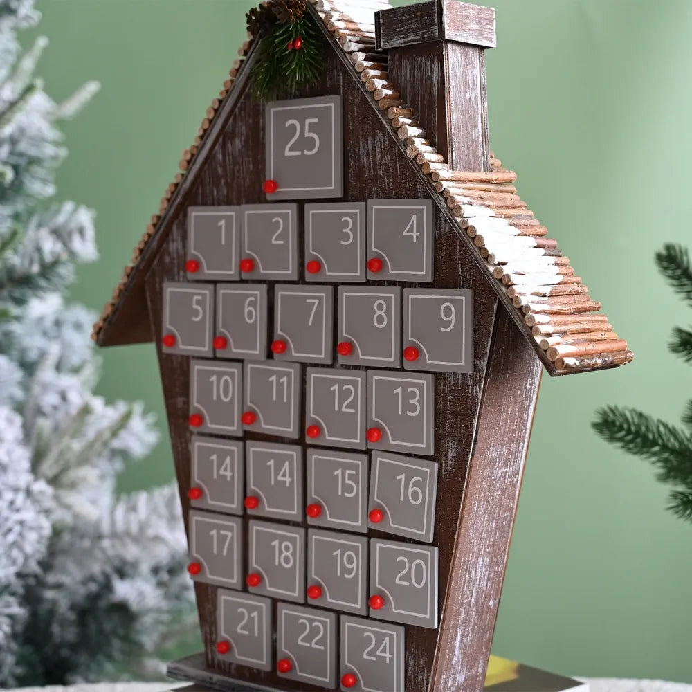 Seitliche Ansicht des Graues Holzhaus Adventskalender mit gut sichtbaren Elementen