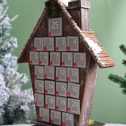 Seitliche Ansicht des Graues Holzhaus Adventskalender mit gut sichtbaren Elementen