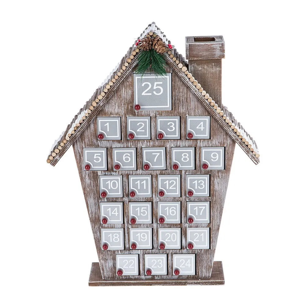 Graues Holzhaus Adventskalender Gesamtansicht mit präzise geschnittenen Holzteilen und hochwertiger Verarbeitung