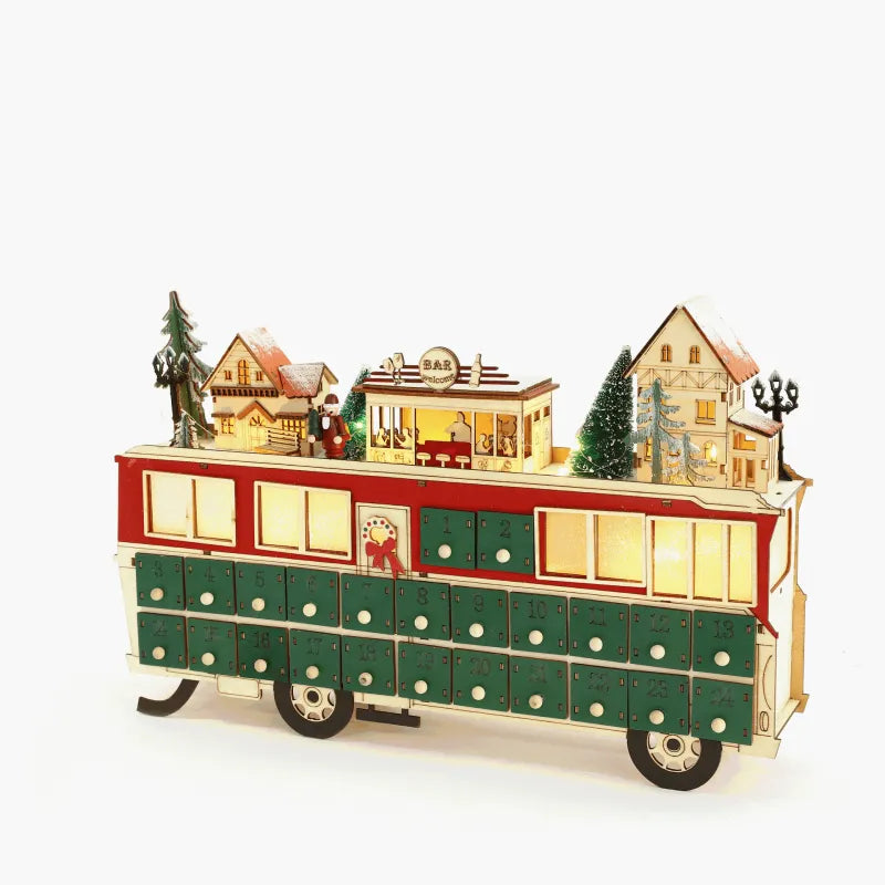 Eigenschaften des Holz-Bus-Szene Adventskalender wie hochwertige Materialien und LED-Lichter