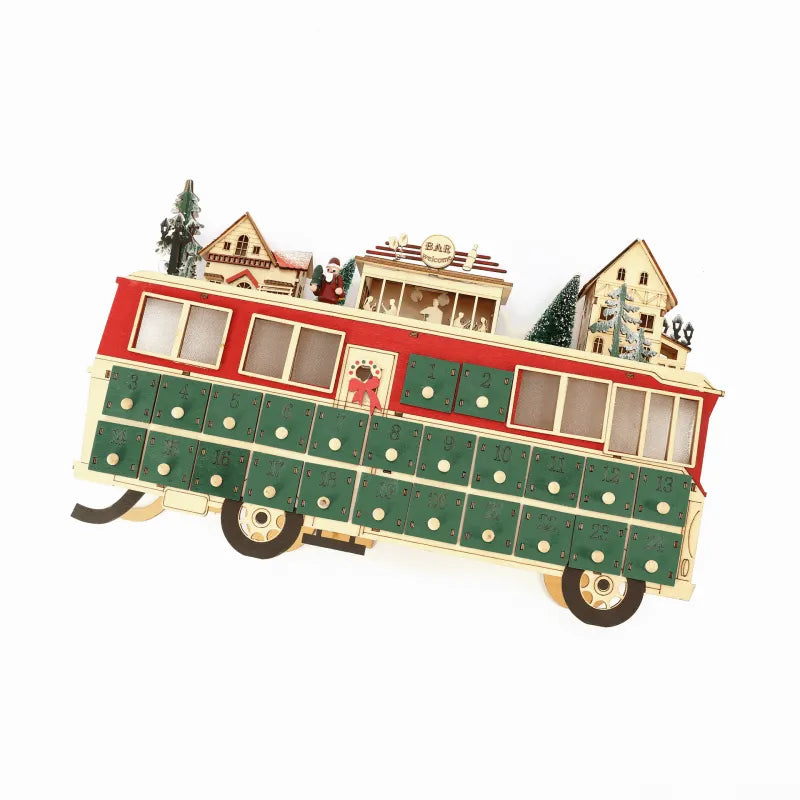Obere Ansicht des Holz-Bus-Szene Adventskalender mit detaillierten Mustern und Beleuchtung