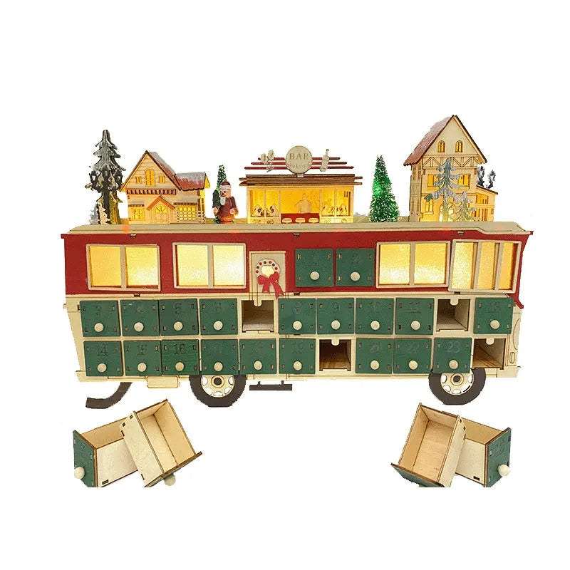 Nahaufnahme des Holz-Bus-Szene Adventskalender mit reichhaltigen Details