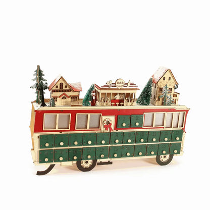 Seitliche Ansicht des Holz-Bus-Szene Adventskalender mit gut sichtbaren Elementen