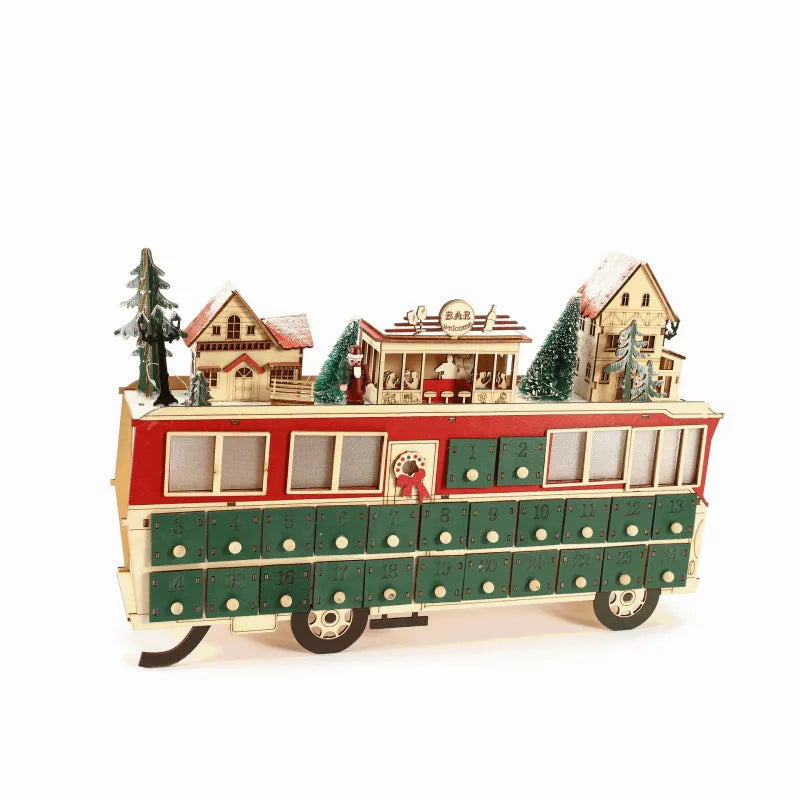 Seitliche Ansicht des Holz-Bus-Szene Adventskalender mit gut sichtbaren Elementen