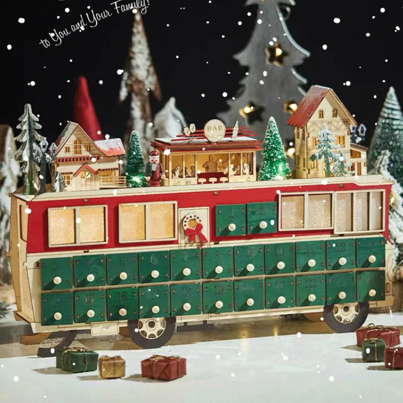 Seitliche Ansicht des Holz-Bus-Szene Adventskalender mit gut sichtbaren Elementen