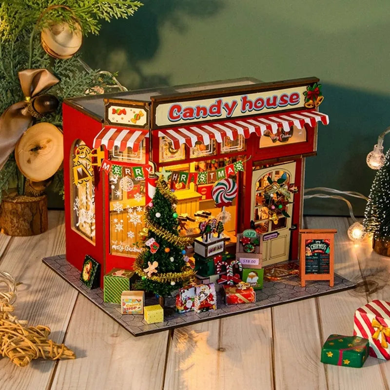 Seitliche Ansicht des Miniatur Haus Bausatz - Candy House mit gut sichtbaren Elementen