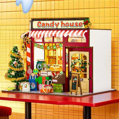 Seitliche Ansicht des Miniatur Haus Bausatz - Candy House mit gut sichtbaren Elementen