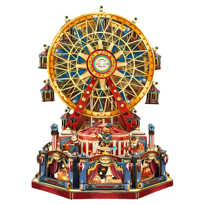 DIY Holz-Spieluhr - Century Ferris Wheel Gesamtansicht mit präzise geschnittenen Holzteilen und hochwertiger Verarbeitung