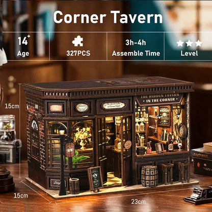 Miniatur Haus Bausatz - Corner Tavern mit detaillierten Abmessungen
