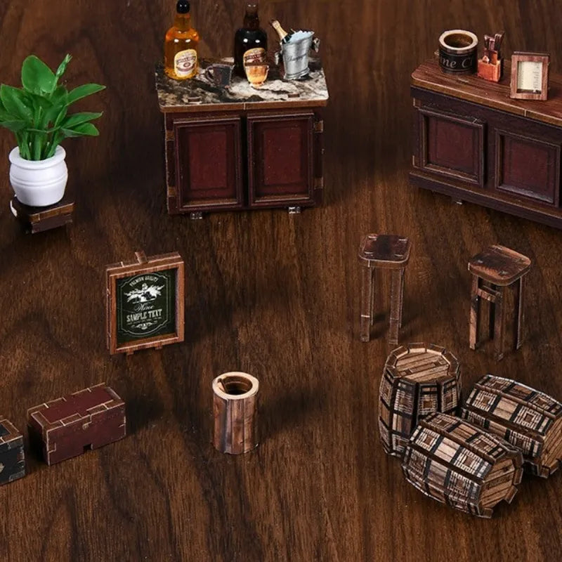Detailansicht des Miniatur Haus Bausatz - Corner Tavern mit präzise geschnittenen Holzteilen aus hochwertigem Material