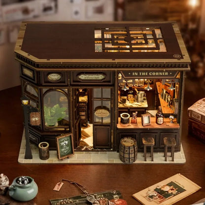 Obere Ansicht des Miniatur Haus Bausatz - Corner Tavern mit detaillierten Mustern und Beleuchtung