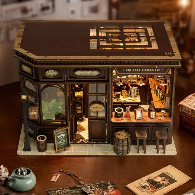 Obere Ansicht des Miniatur Haus Bausatz - Corner Tavern mit detaillierten Mustern und Beleuchtung