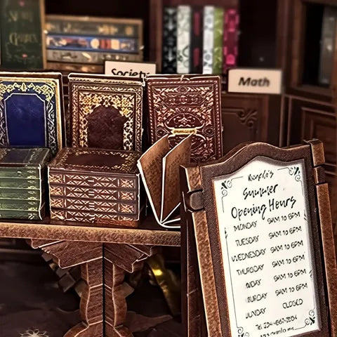 Banco, porta, tavolo e scala della libreria in miniatura