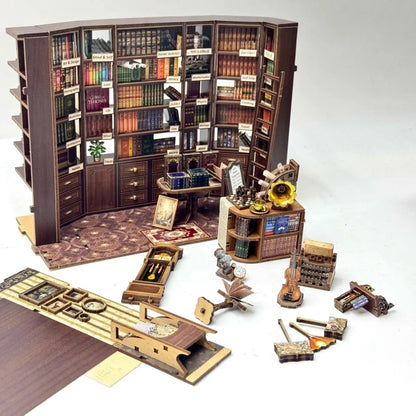 Detailansicht des Miniatur Haus Bausatz - Hoggor Bookstore mit präzise geschnittenen Holzteilen aus hochwertigem Material