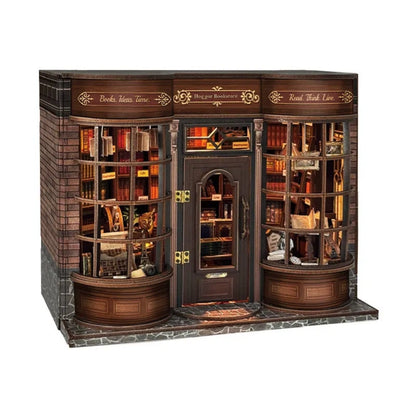 Miniatur Haus Bausatz - Hoggor Bookstore Gesamtansicht mit präzise geschnittenen Holzteilen und hochwertiger Verarbeitung