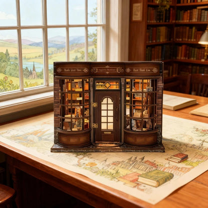 Miniatur Haus Bausatz - Hoggor Bookstore dekorativ auf einem Schreibtisch platziert