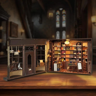 Eigenschaften des Miniatur Haus Bausatz - Hoggor Bookstore wie hochwertige Materialien und LED-Lichter