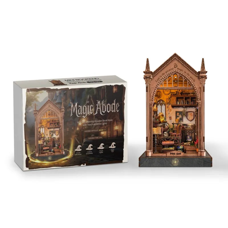 Miniatur Haus Bausatz - Magic Abode Gesamtansicht mit präzise geschnittenen Holzteilen und hochwertiger Verarbeitung