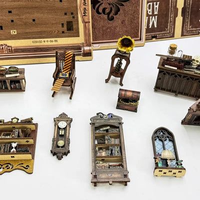 Detailansicht des Miniatur Haus Bausatz - Magic Abode mit präzise geschnittenen Holzteilen aus hochwertigem Material