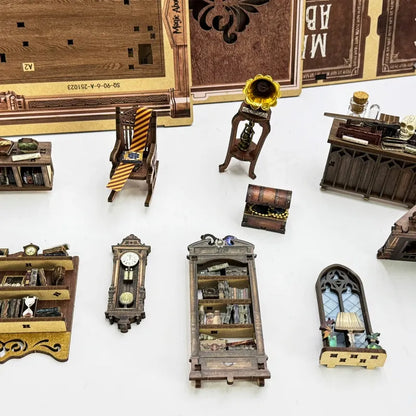 Detailansicht des Miniatur Haus Bausatz - Magic Abode mit präzise geschnittenen Holzteilen aus hochwertigem Material