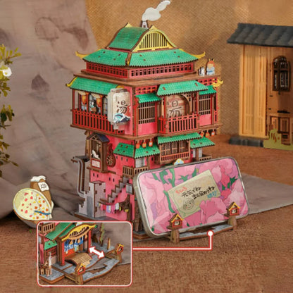 Nahaufnahme des Miniatur Haus Bausatz - Onsen Saga mit reichhaltigen Details