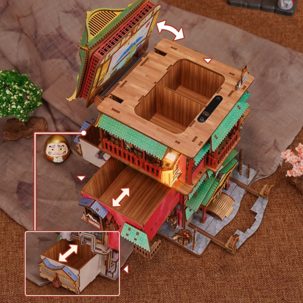 Nahaufnahme des Miniatur Haus Bausatz - Onsen Saga mit reichhaltigen Details