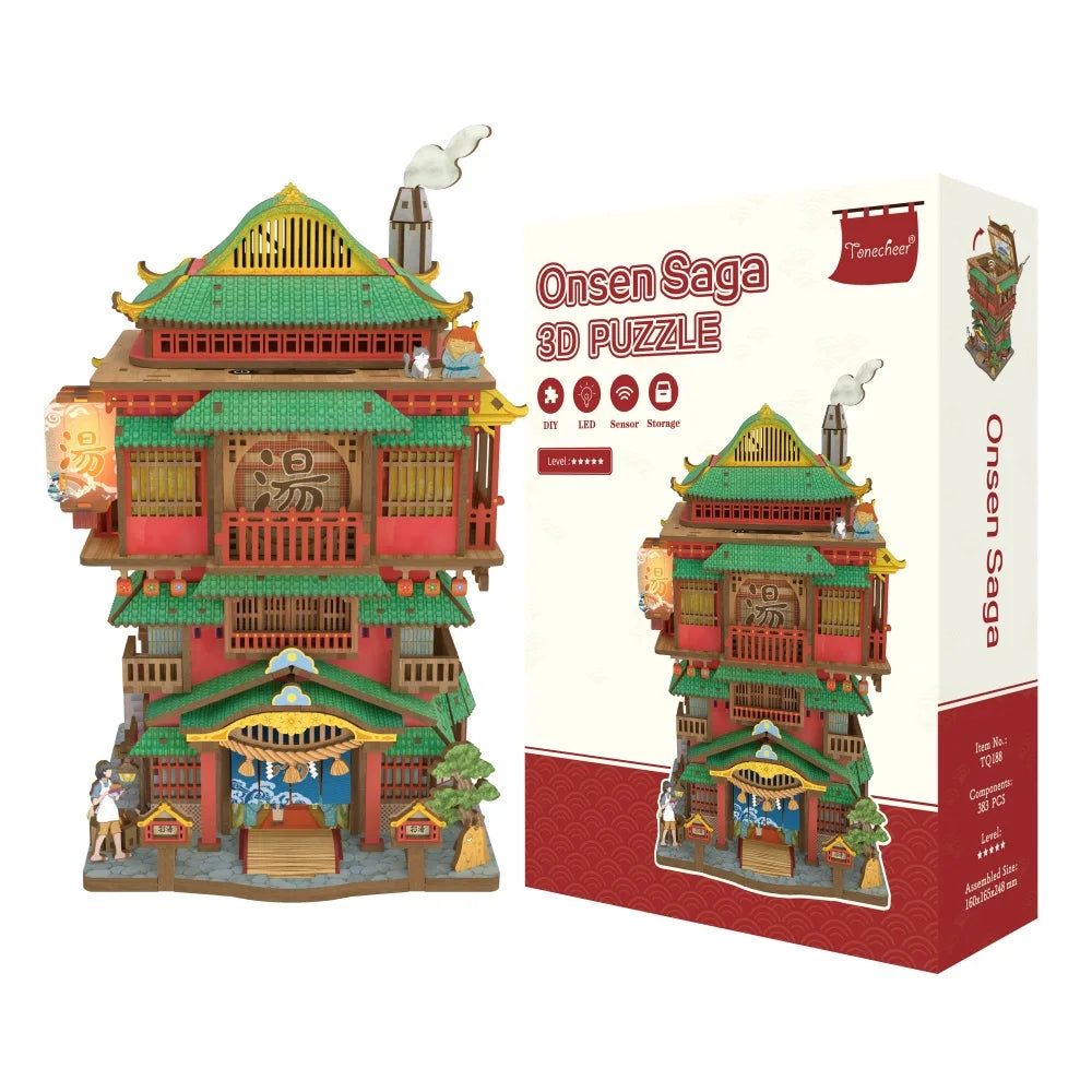 Miniatur Haus Bausatz - Onsen Saga Gesamtansicht mit präzise geschnittenen Holzteilen und hochwertiger Verarbeitung
