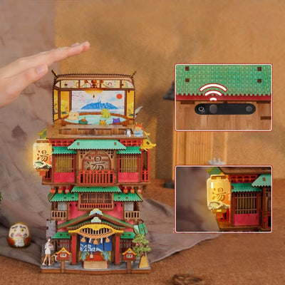 Nahaufnahme des Miniatur Haus Bausatz - Onsen Saga mit reichhaltigen Details