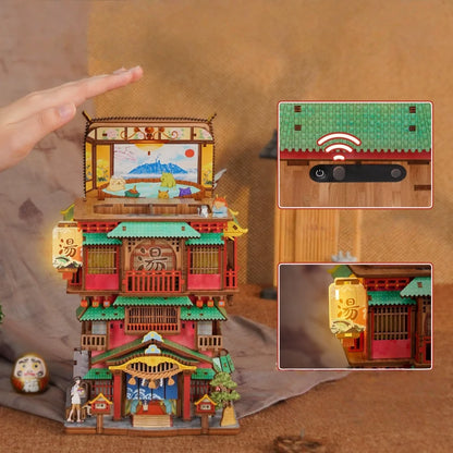 Nahaufnahme des Miniatur Haus Bausatz - Onsen Saga mit reichhaltigen Details