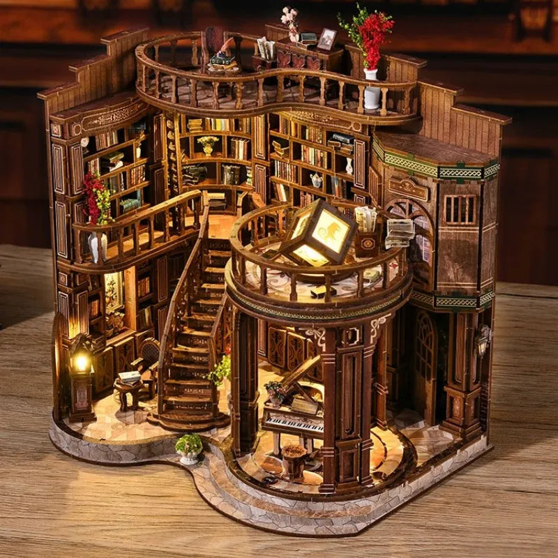 Obere Ansicht des Miniatur Haus Bausatz - Qimeng Bookstore mit detaillierten Mustern und Beleuchtung